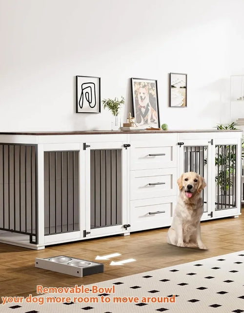 Load image into Gallery viewer, 94.5&quot; Dog Crate, Dogs Kennel Furniture with 3 Storage Drawer, Wooden Dogs Cage with 4 Bowls, Dog House TV Stand with Locks
