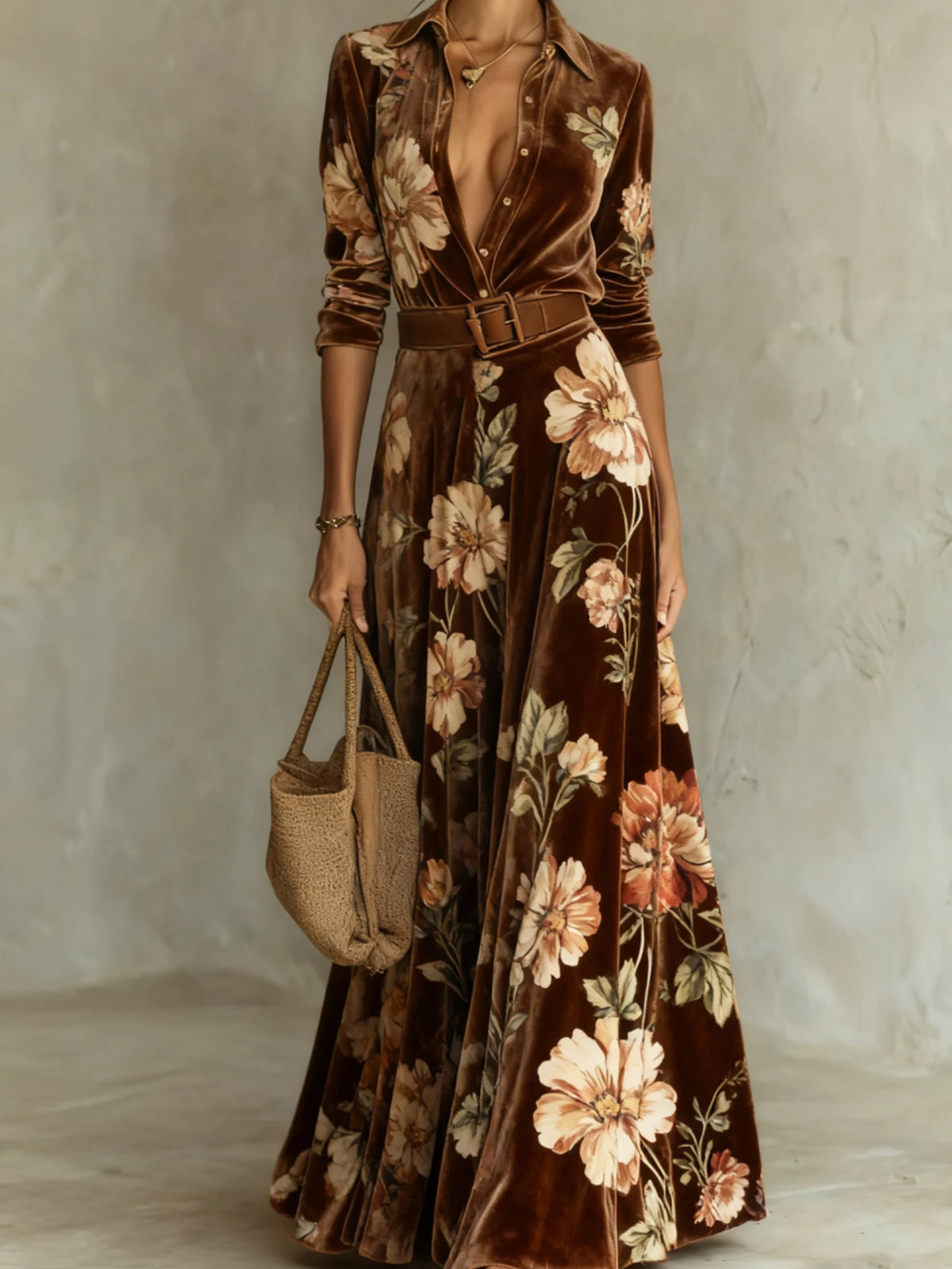 Women Lapel Collar Long Sleeve Floral Print Maxi Dress Waist‑Defined Flared Hem Long Gown For Holiday Formal Occasion