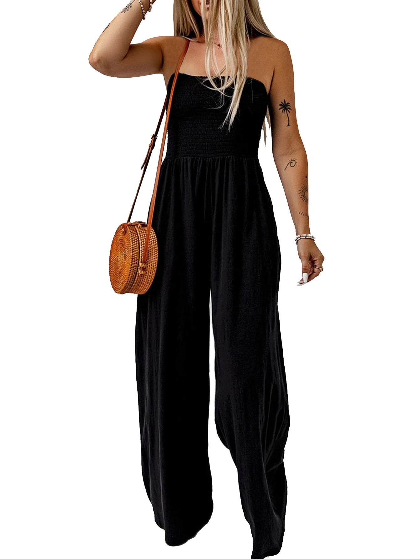Summer solid-color strapless jumpsuit for women, with a casual commuting style, simple and elegant