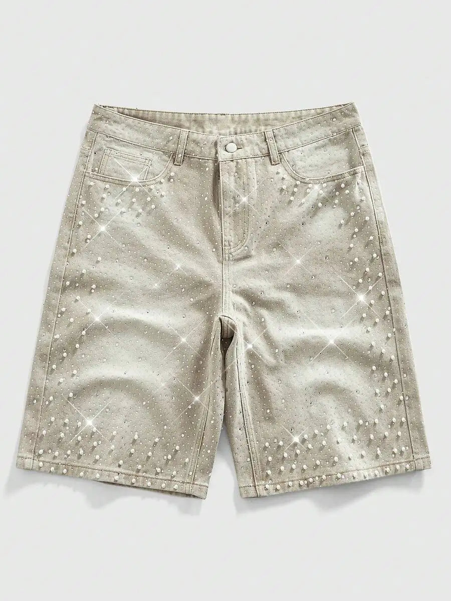 ROMWE MEN Street Life Spring/Summer Casual Men'S Pearl & Diamond Decor Loose Denim Shorts