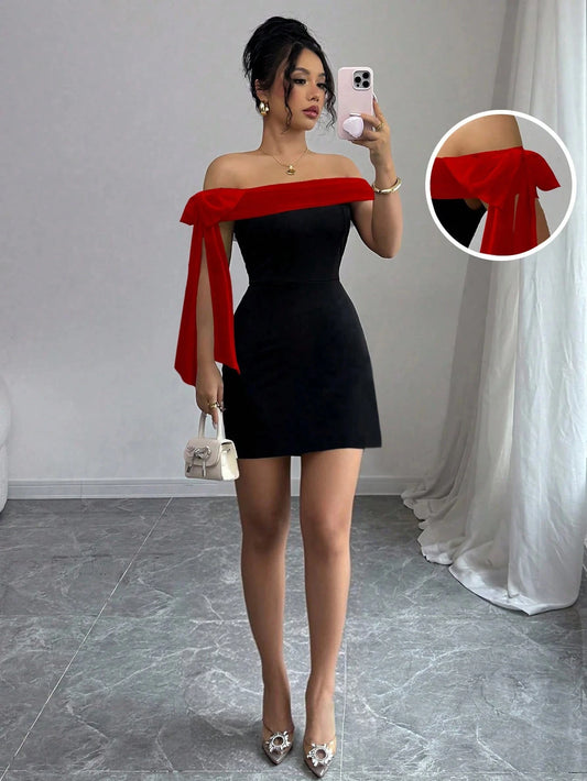 Women Off Shoulder Mini Dress Red Big Bow Spliced Bodycon Short Dresses Elegant Slim Fit Black Little Dress Night Club Party Birthday Outfits Evening Gown