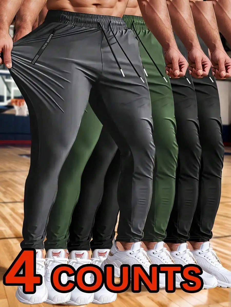 4pcs Men's Spring/Autumn Lightweight High-Stretch Ankle Pants, Athletic Jogger Pants With Letter Print, Zipper Pockets, And