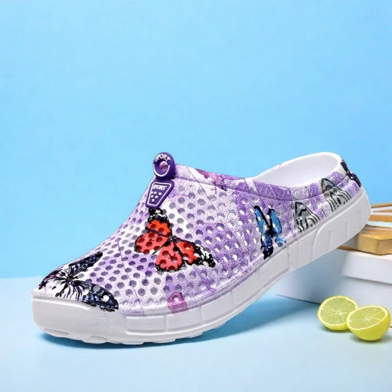 Women's Lightweight Slip-On Clog Shoes Butterfly Print Flat Bottom Indoor Outdoor Beach Casual Sandals Comfortable Home Slippers