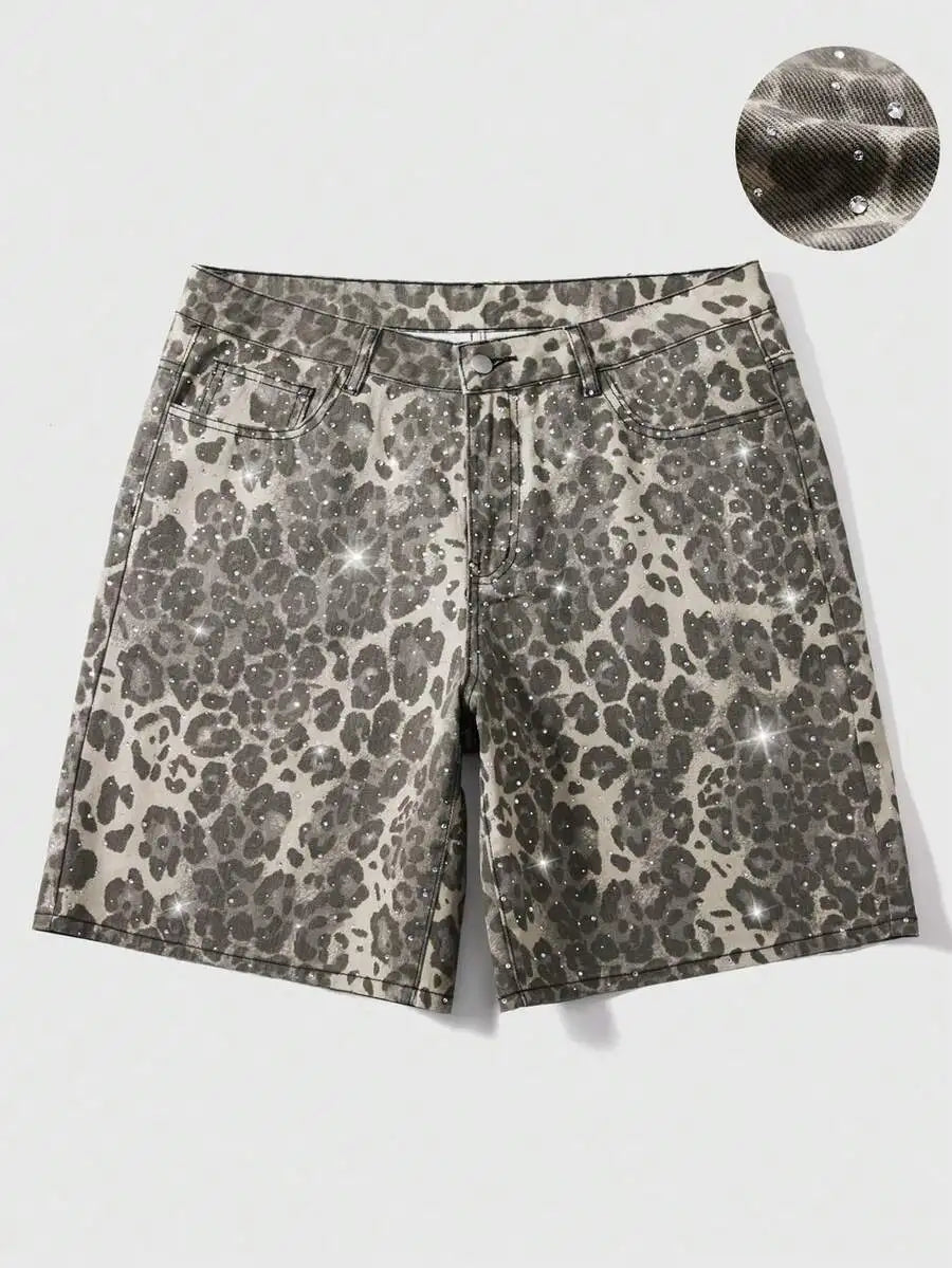 Street Life Casual Fashion Street Vacation Commute Colorful Rhinestone Patchwork PU Leather Loose Denim Shorts,