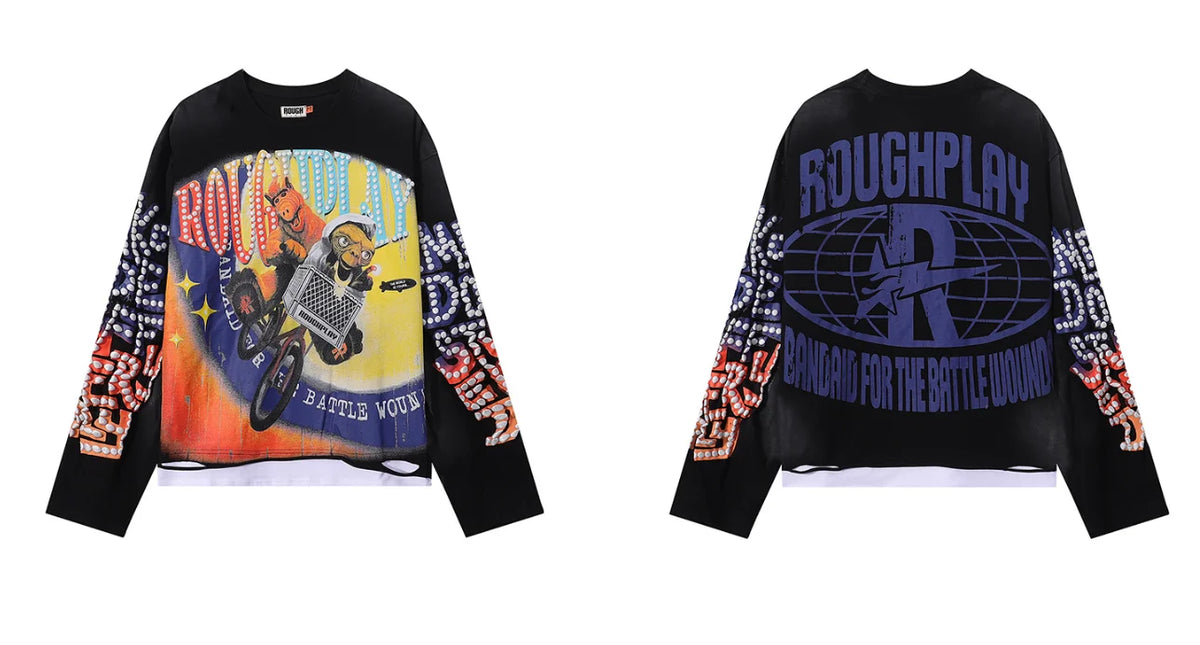 New American Style Rough Play Splicing Shinning Diamond 100% Cotton long sleeves T-shirts for Men Women Crew Neck Loose Summer T-shirt Oversized Tees