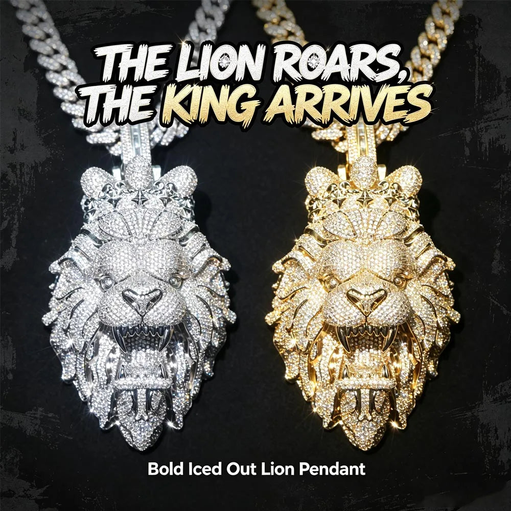 Iced Out Lion Head With Crown Pendant Micro Pave Cubic Zirconia 18K Gold Plated Hip Hop Jewelry Bling 3D Roaring Lion Medallion Mens Street Rap Cuban Chain Necklace Accessories Full Diamond Luxury Charm Fine Jewelry Gifts for
