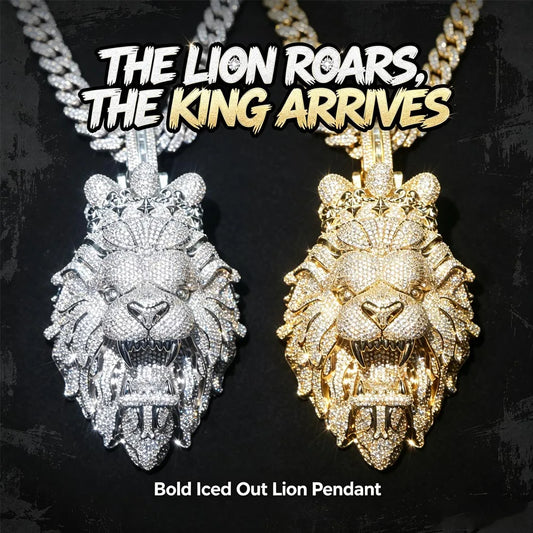 Iced Out Lion Head With Crown Pendant Micro Pave Cubic Zirconia 18K Gold Plated Hip Hop Jewelry Bling 3D Roaring Lion Medallion Mens Street Rap Cuban Chain Necklace Accessories Full Diamond Luxury Charm Fine Jewelry Gifts for