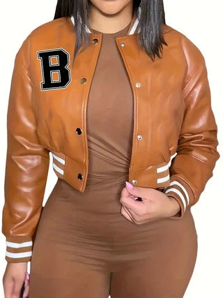 Plus size women's PU leather cropped baseball jacket letter embroidery striped ribbed hot girl style slim fit jacket coat