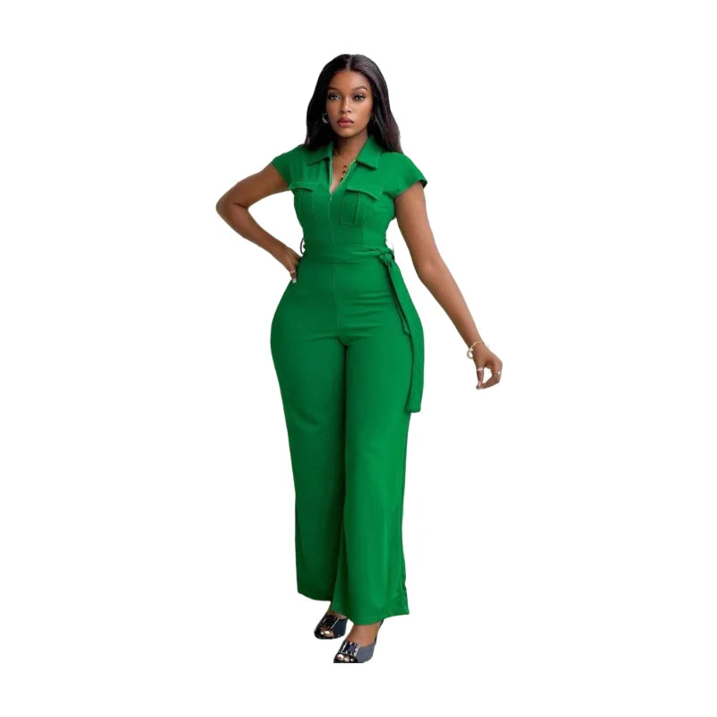 Women's Lapel Cap Sleeve Zipper Front Pocket Belted Wide Leg Jumpsuit For Daily Party Dating Casual Fashion Occasions