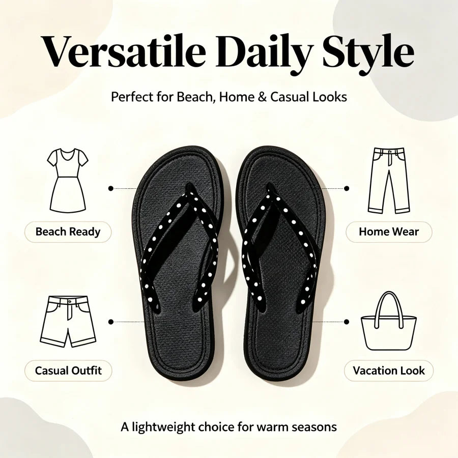 Ladies' Black And White Polka Dot Thin Strap Thick-soled Flip-flops, Soft Cloth Surface Sandals Anti-slip Lightweight Thick-soled Summer Slippers
