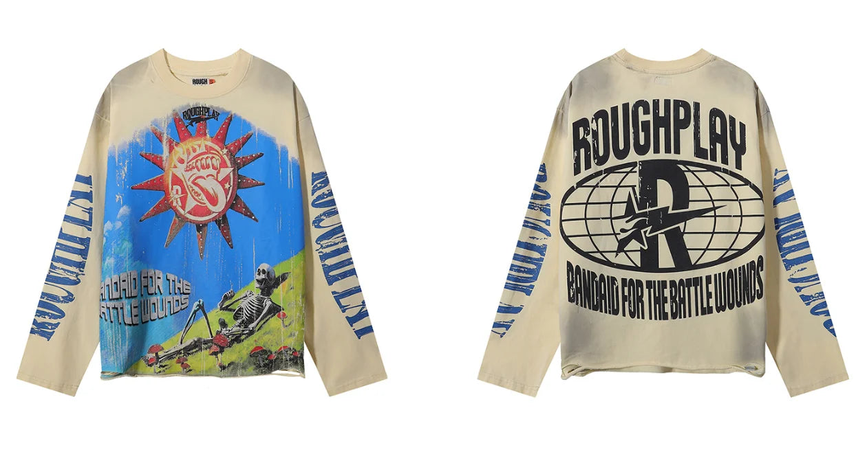 New American Style Rough Play Splicing Shinning Diamond 100% Cotton long sleeves T-shirts for Men Women Crew Neck Loose Summer T-shirt Oversized Tees