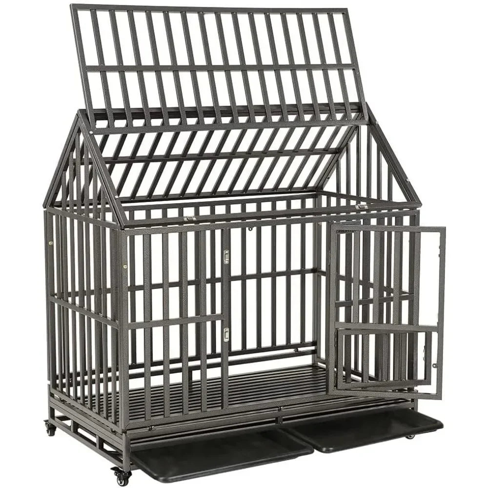 Dog Cage 48" Heavy Duty Dog Crate Strong Metal Cage House Shape Pet Kennel Crate Playpen with 4 Locking Wheels