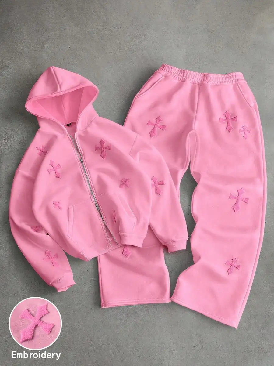 PAVTROS Streetwear Pink Autumn Holiday Set,Cross Full-Print Towel With 3D Embroidery Sweatshirt & Hoodie Set,Outdoor