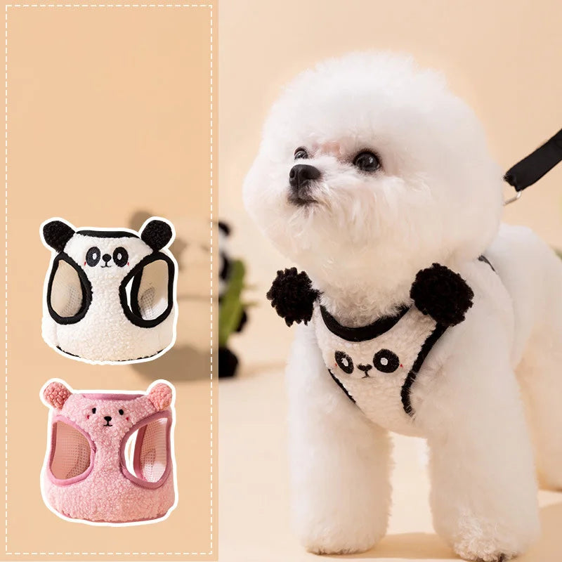 Warm Fleece Pet Dog Harness Cute Animal Adjustable Vest Leash Set for Medium Puppy French Bulldog Outdoor Cat Collar Accessories