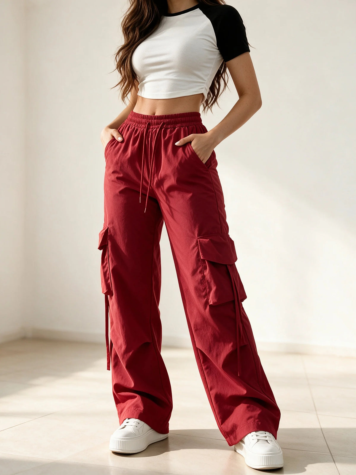 High-Waist Cargo Pants Quick-Dry Lightweight Straight-Wide Leg Trousers Elastic Waistband Non-See-Through Breathable Fabric for Daily Wear 3-Color Options