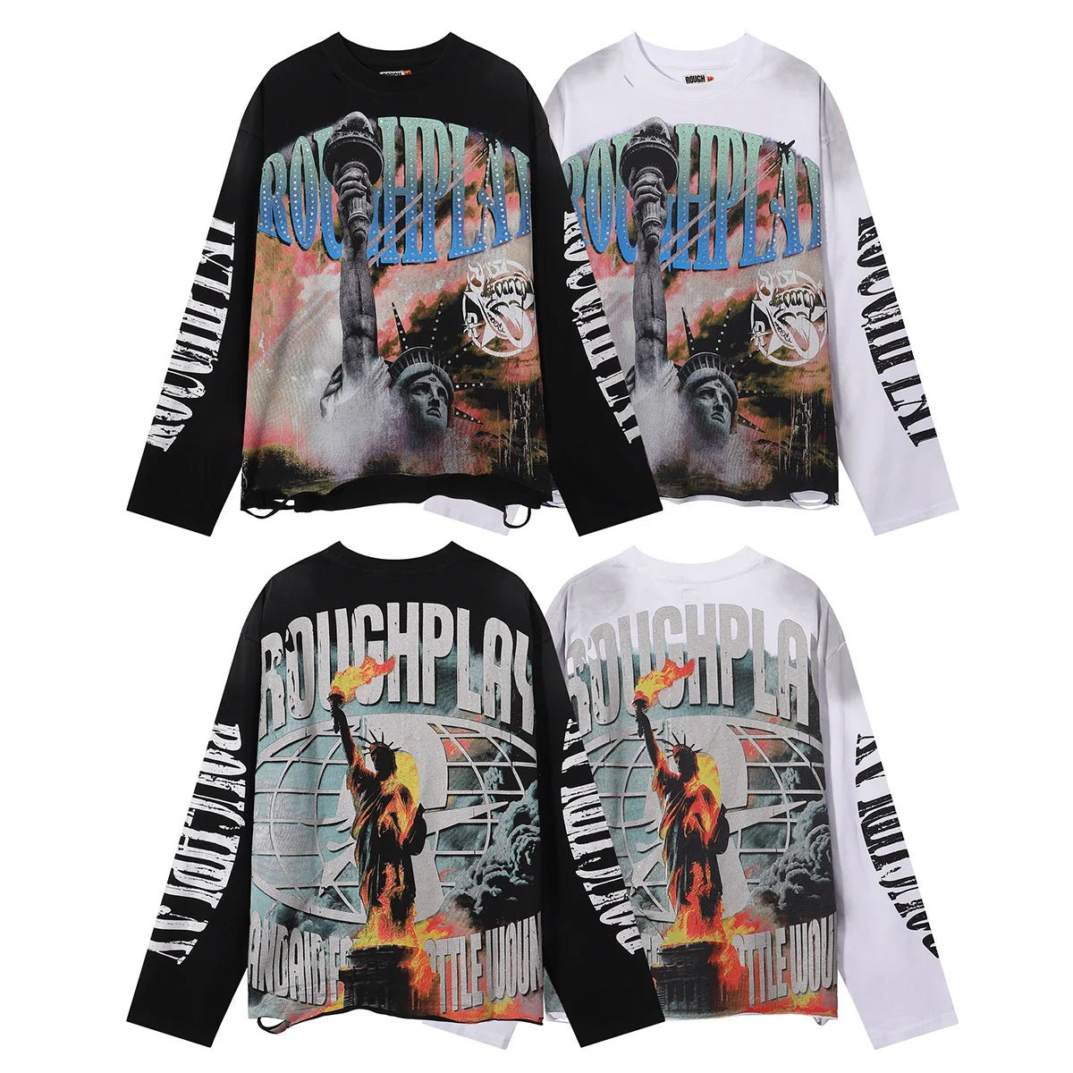 New American Style Rough Play Splicing Shinning Diamond 100% Cotton long sleeves T-shirts for Men Women Crew Neck Loose Summer T-shirt Oversized Tees