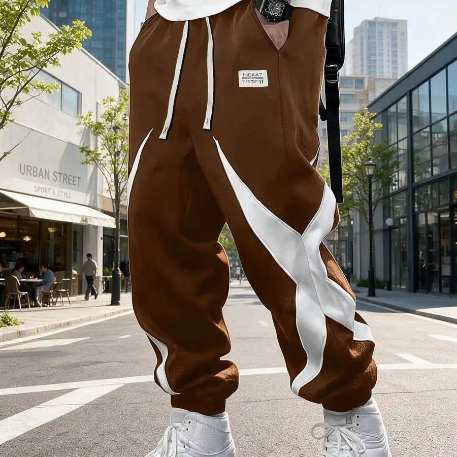 Elastic Waist Drawstring Design Spliced Color-Block Joggers, Spring Autumn Fashion Cuffed Casual Long Pants, Suitable For Daily