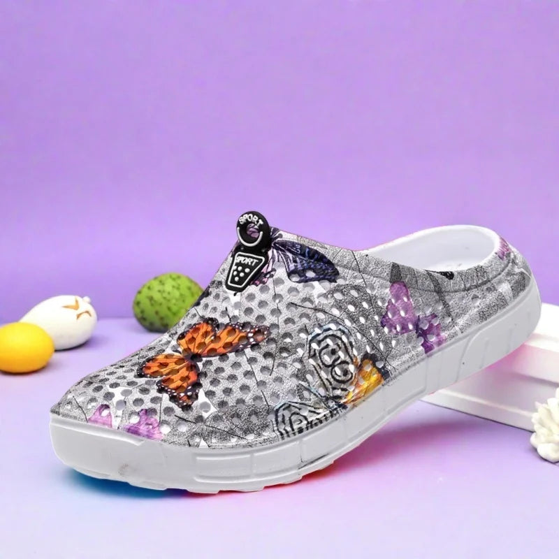 Women's Lightweight Slip-On Clog Shoes Butterfly Print Flat Bottom Indoor Outdoor Beach Casual Sandals Comfortable Home Slippers