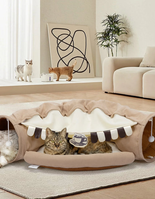 Load image into Gallery viewer, 2-In-1 Cat Tunnel Bed, Cat Tube with Collapsible Washable Mat for Indoor Cats, Coffee
