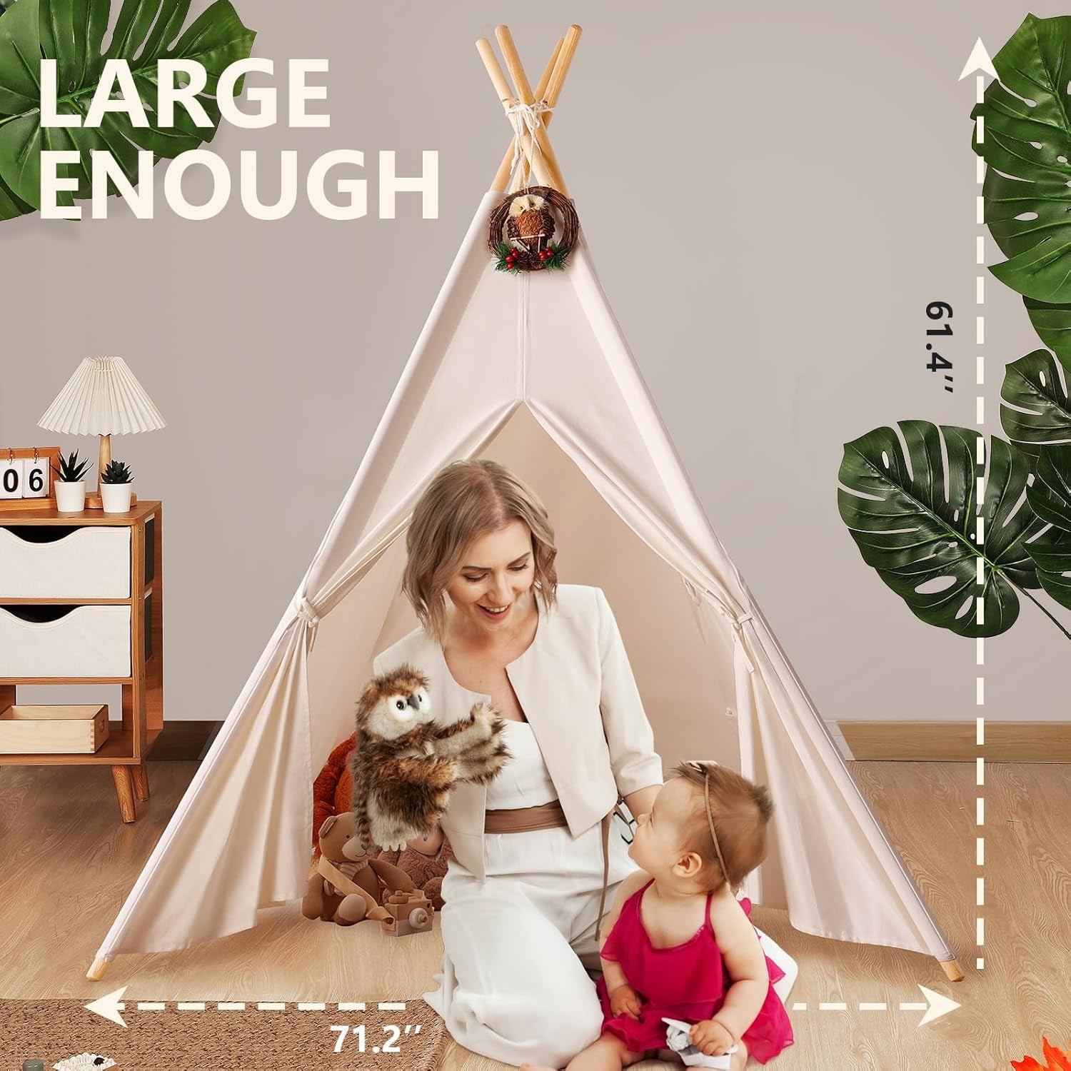 Teepee Tent for Kids with Carry Case, Natural Cotton Canvas Teepee Play Tent, Toys for Girls/Boys Indoor & Outdoor Playing