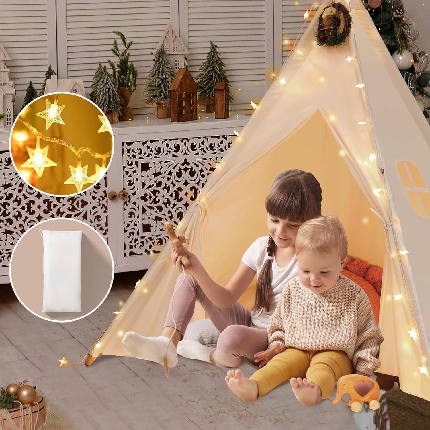 Teepee Tent for Kids with Carry Case, Natural Cotton Canvas Teepee Play Tent, Toys for Girls/Boys Indoor & Outdoor Playing