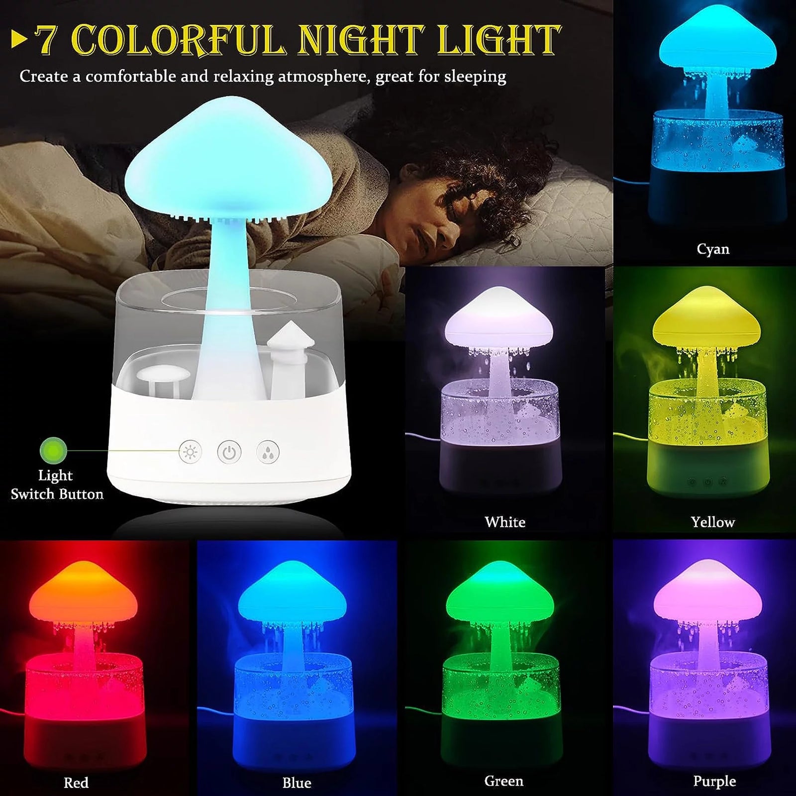 Humidifiers for Bedroom 7 Color Cloud Humidifier Rain Drop for Sleeping Relaxing Aromatherapy Essential Oil Diffuser, White