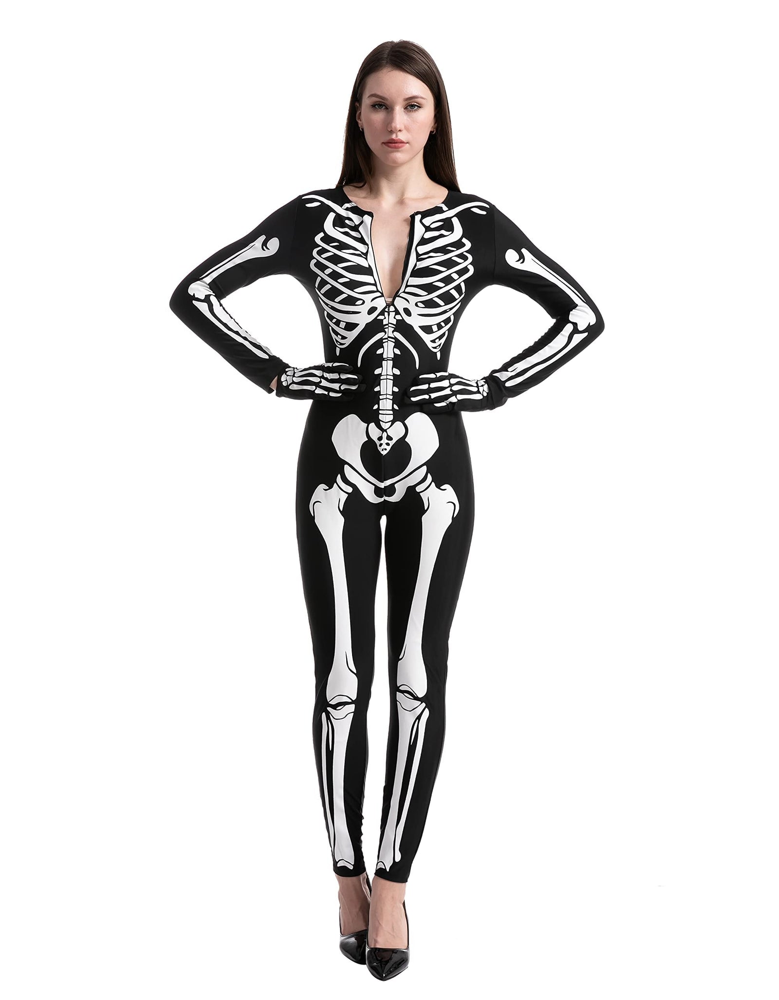 Glow in the Dark Skeleton Costume for Adults Women Halloween Dress up Party Role Playing Cosplay