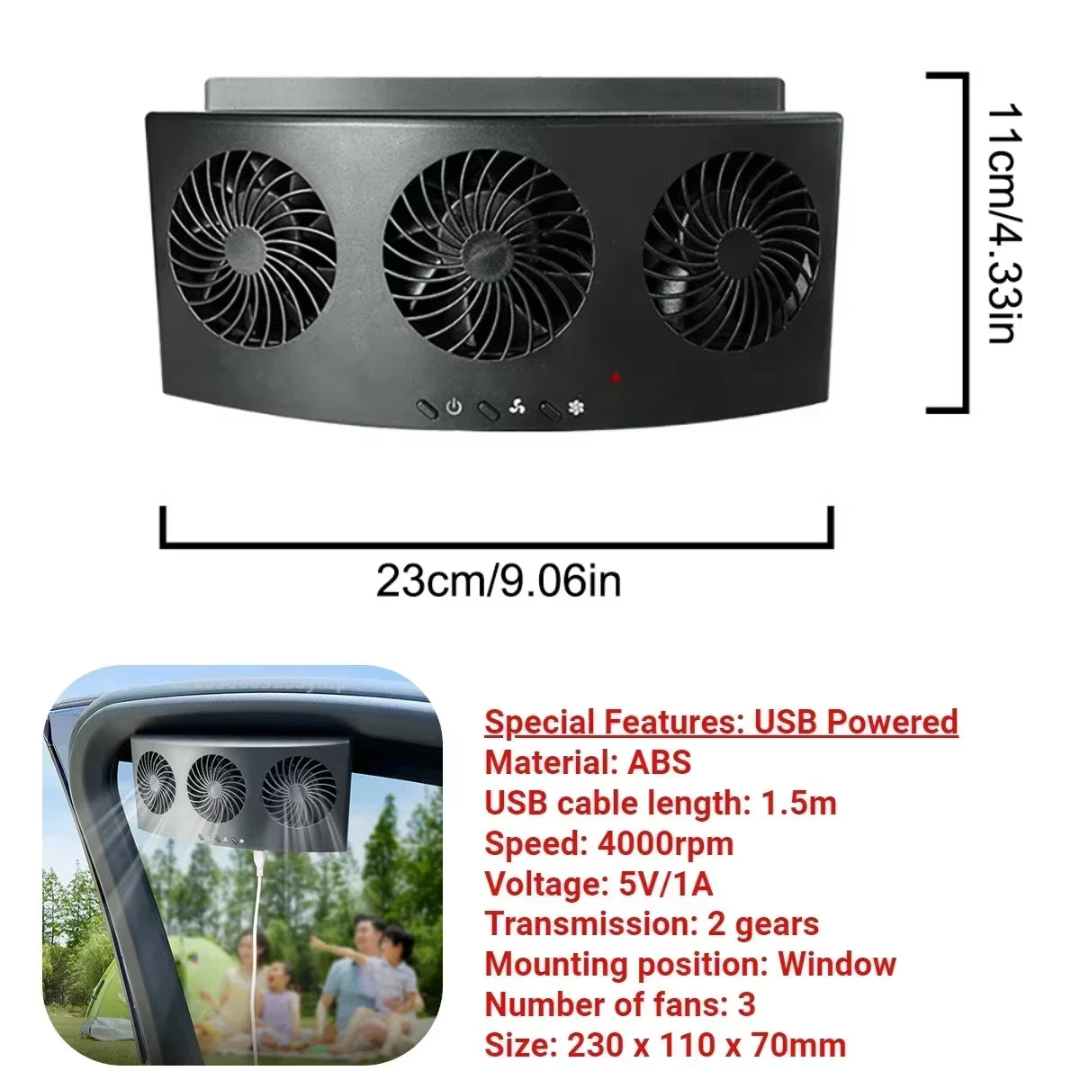 Solar Car Fan USB Rechargeable Exhaust Fan Air Circulation Cooling and Heat Dissipation High Wind Power 2/3 Head Ventilation Fan